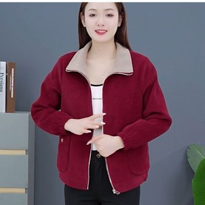 灯芯绒加绒加厚外套妈妈洋气上衣中年时尚翻领短款小个子新款休闲