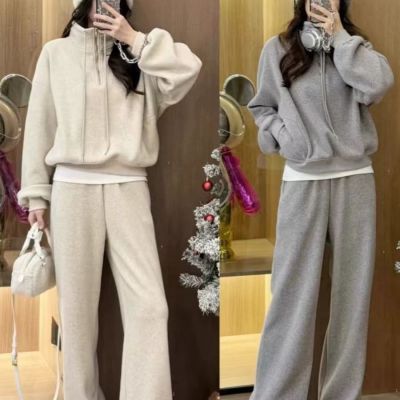 加绒休闲套装女秋冬新款韩版宽松慵懒无帽卫衣时尚阔腿卫裤两件套