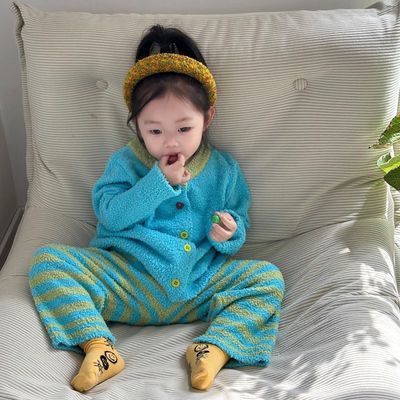 女童针织家居服 2025 新款冬季半边绒套装男童女童可爱洋气睡衣