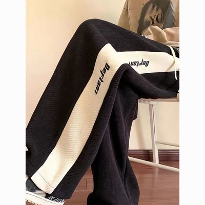 春秋夏大码2-300斤美式复古拼接刺绣长裤男宽松直筒休闲运动裤子