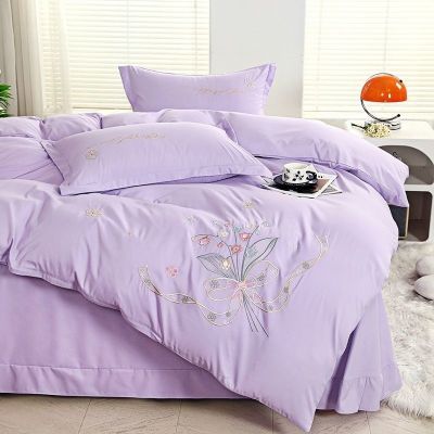 新款A类高端水洗棉刺绣四件套绣花亲肤纯色磨毛被套被罩床上用品