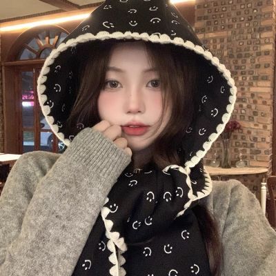 ins风印花连帽一体围巾韩版笑脸蝴蝶结时尚百搭围巾帽子