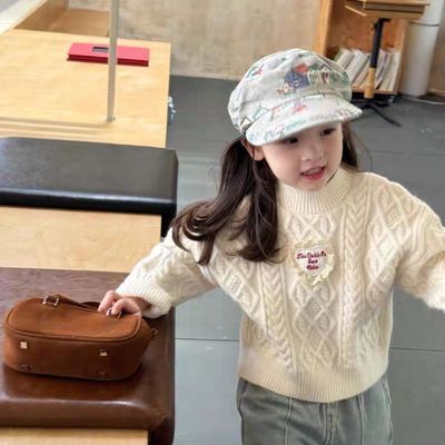 冬款毛衣秋冬新款女童中小童韩版爱心贴布麻花厚毛衣上衣套头加厚