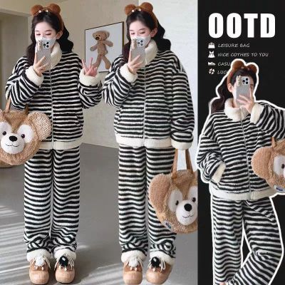 2025冬季居家外套服装保暖黑白条纹两件套睡衣女秋冬