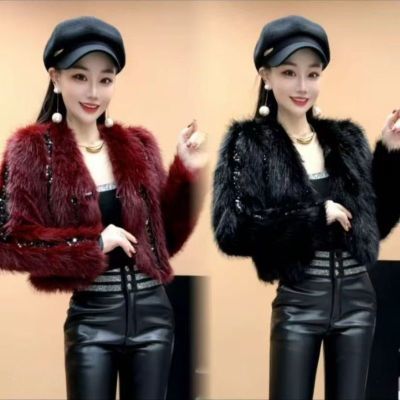 欧货轻奢毛毛外套时尚气质加棉加厚亮片重工短款毛毛外2025新款