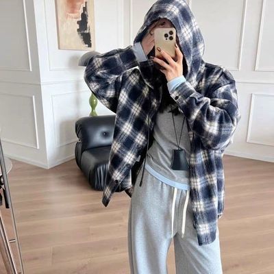 磨毛加厚格子衫厚款女连帽衬衫2025秋冬新款慵懒休闲复古长袖衬衣