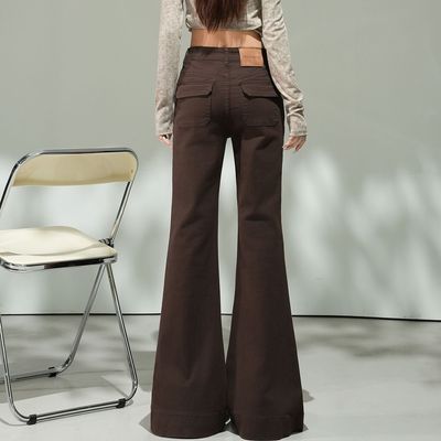 美拉德咖啡色加绒加厚微喇牛仔裤女冬大码胖mm弹力显瘦喇叭马蹄裤