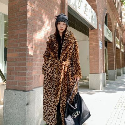 仿皮草豹纹环保皮草长款宽松西服领毛毛外套仿兔毛过膝大衣翻领优惠商品图片
