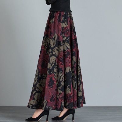 特价清仓秋冬季新款有口袋毛呢半身裙民族高腰复古碎花长裙大码裙