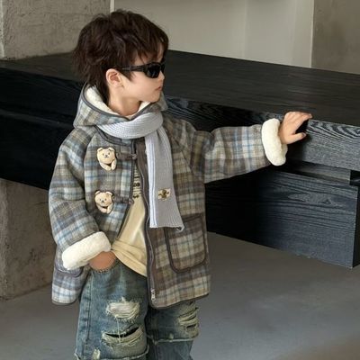 男童加绒毛呢外套秋冬2025新款儿童宝宝中长款冬季加厚格子呢大衣
