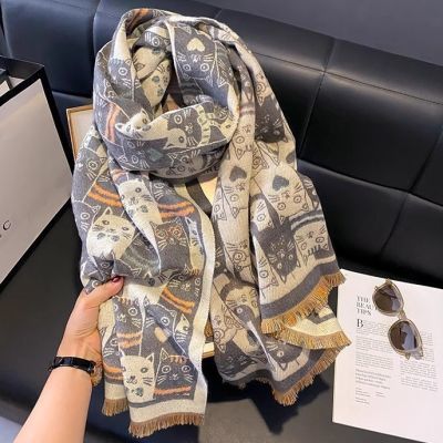 新款可爱招财猫围巾女款冬季加厚仿羊绒披肩外搭针织保暖百搭围脖