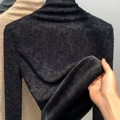 2025新款时尚加绒加厚蕾丝打底洋气长袖秋冬修身保暖高领网纱上衣