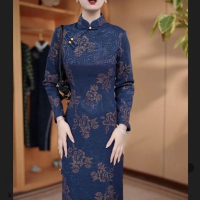 气质旗袍连衣裙2025高端冬季新中式加绒加厚提花中长款长袖显瘦