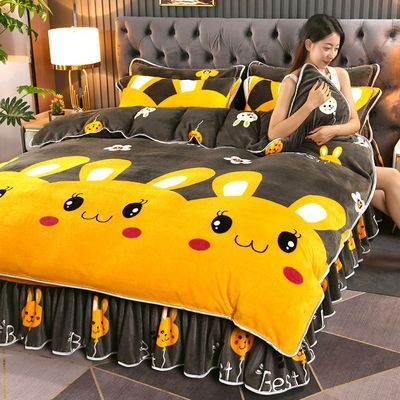 加厚牛奶绒冬季珊瑚四件套保暖双面法兰绒被套三件套床上用品裙款