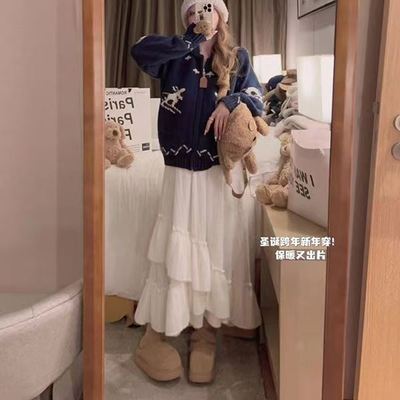 韩系荷叶边拼接米白蛋糕裙加绒加厚款女温柔风仙女裙不规则长裙子优惠商品图片