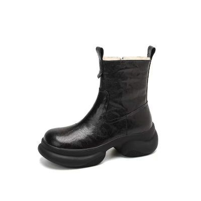 手工靴子~6.5cm高跟软皮厚底雪地靴女2025冬季厚底粗跟短靴潮