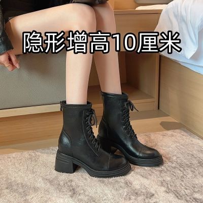 黑色高跟马丁靴女2025年新款秋冬百搭小个子瘦瘦靴子女内增高短靴