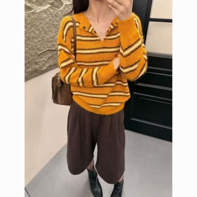 【羊驼毛】韩系慵懒毛衣秋冬新款宽松时尚针织衫软糯条纹套头上衣
