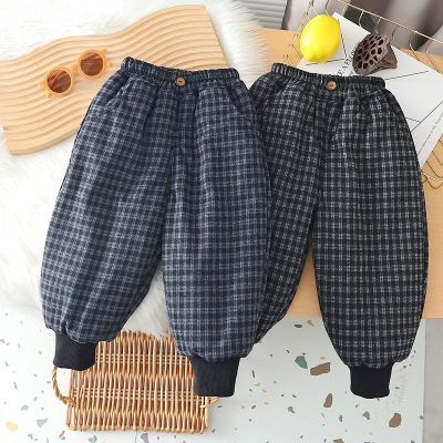 儿童棉裤三层加厚男女童冬季加绒百搭格子休闲保暖棉裤一条过冬