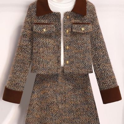 2025时尚甜美香风秋冬新款外套两件套加厚减龄气质半身裙咖色套装