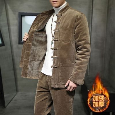 中国风唐装男休闲套装秋冬季民族加绒加厚复古盘扣中式外套两件套【15天内发货】