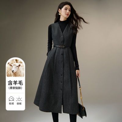 晚白【新品】【含羊毛】高级感连衣裙冬款老钱静奢风裙子25101711