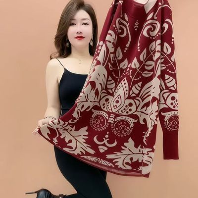 捡漏 妈妈中长款打底衫2025冬季新款民族风印花遮肚显瘦上衣女