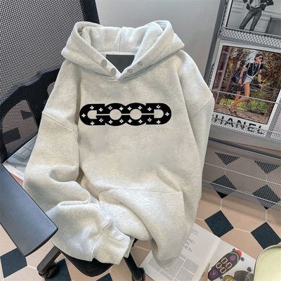 重磅棉质美式慵懒风纽扣连帽卫衣女秋冬款宽松休闲加绒加厚外套潮