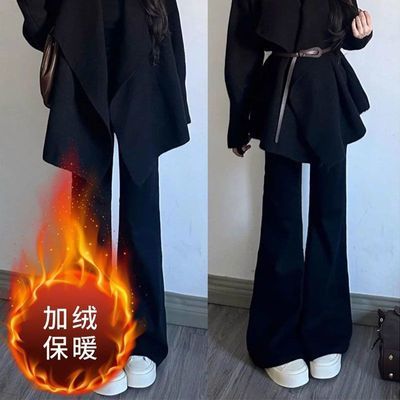 2025年秋冬新款黑色加绒高腰微喇女牛仔裤修身显瘦辣妹马蹄喇叭裤