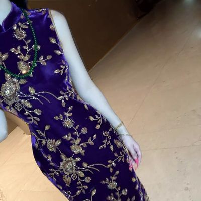 复古绝美旗袍气质中式修身女装显瘦重工刺绣珠旗袍 鎏金紫珠无袖【15天内发货】