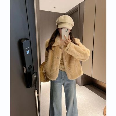 高级短款小个子皮毛一体环保皮草金叶貂2025新款翻领毛茸茸外套女