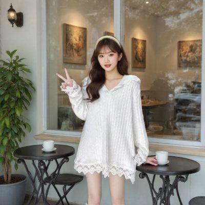 爆款百搭设计感叠穿宽松秋冬新款小众重工蕾丝连帽显瘦长袖打底衫