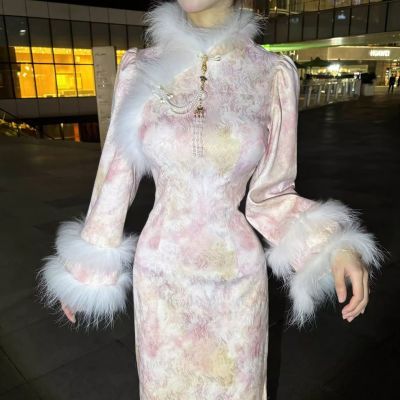 新中式厚款温柔真毛旗袍改良2025秋冬新款加绒连衣裙少女粉花落香【7天内发货】