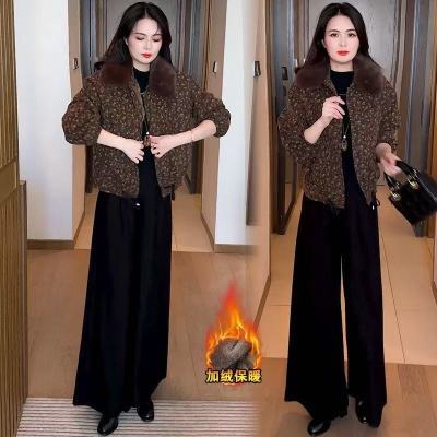 2025冬季妈妈新款印花短款外套女加绒加厚洋气显瘦保暖大毛领上衣