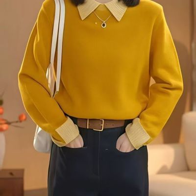 2025年秋季新款姜黄色翻领假两件长袖