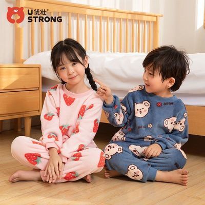 儿童法兰绒睡衣秋冬宝宝加绒家居服男童女童加厚卡通保暖内衣套装
