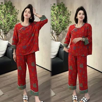 中式新款长袖长裤睡衣女本命年复古国风宽松休闲时尚家居服套装