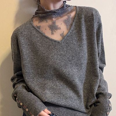 韩系蕾丝拼接假两件半高领针织衫胖mm宽松显瘦减龄2025秋冬打底衫