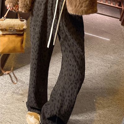 加绒豹纹直筒休闲裤女冬2025年新款时尚潮流宽松慵懒风阔腿长裤子