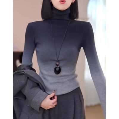 秋冬新款复古渐变色高领打底衫女设计感修身显瘦百搭软糯德绒上衣