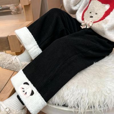 女童加绒阔腿裤子爆款卡通猫小熊加绒一体绒翻毛裤百搭超萌