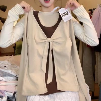 复古德绒撞色假两件孕妇t恤女秋冬新款独特别致设计感休闲风上衣