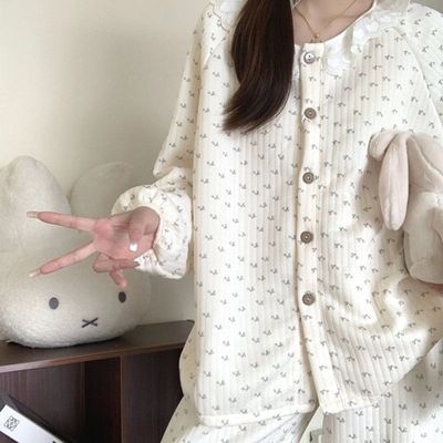 秋冬季大码ins风睡衣女宽松休闲开衫圆领蕾丝花边长袖套装可外穿