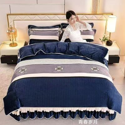 高质量油画印花珊瑚绒四件套温暖双层加厚防滑床裙冬季家居保暖