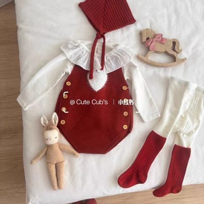 婴儿秋冬新款包屁衣男女宝宝可爱针织爬服宝宝拜年服长袖连体衣
