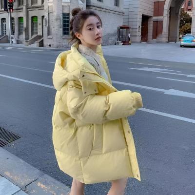 冬季新款休闲时尚奶黄色纯色连帽厚款保暖棉服外套