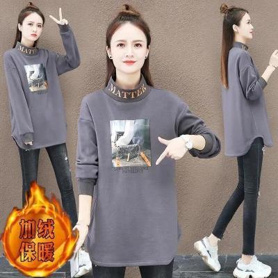 灰色加中长款宽松高领打底秋冬新款印花洋气上衣长袖T恤