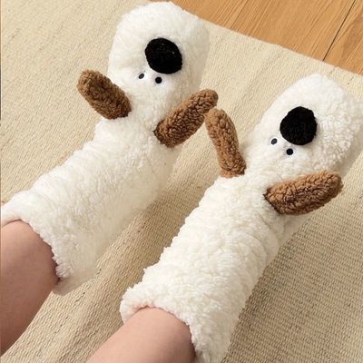 秋冬新款睡眠冬季袜子中筒袜珊瑚居家保暖加厚防滑加绒室内可爱