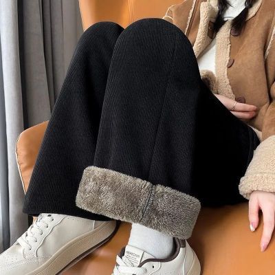 羊羔绒加绒加厚新款宽松毛裤时尚百搭阔休闲裤显瘦百搭高