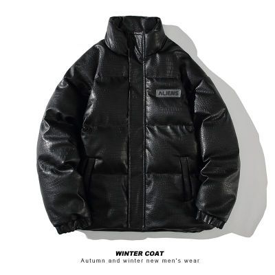 潮牌加厚宽松棉衣青少年复古皮夹克PU仿鳄鱼气绒冬季潮流潮服